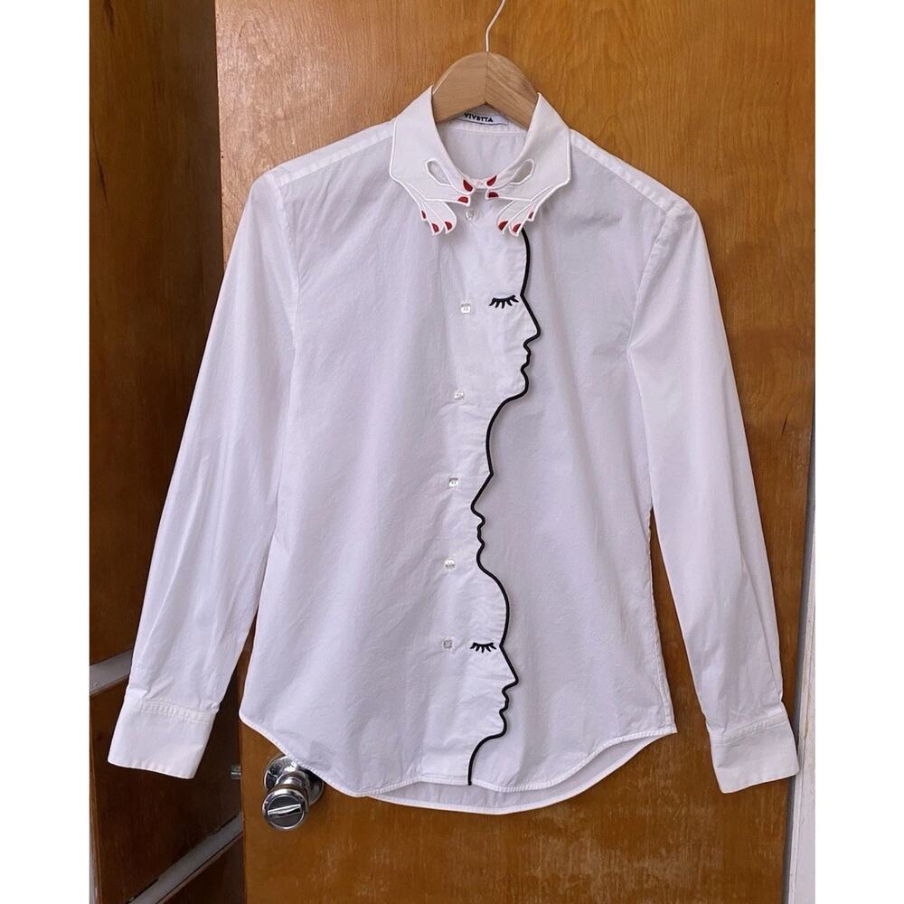 Vivetta Storno Hands Collar Face Embroidered Button Down Shirt Top Sz 42 IT art